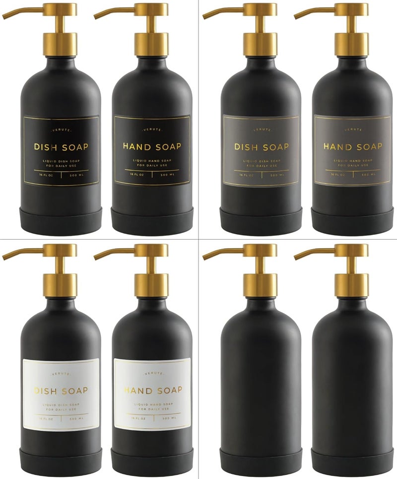 Verute Hand and Dish Soap Dispenser for Kitchen and Bathroom, Set of 2 16 Oz Glass Bottles, Stainless Steel Pumps, Non-Slip Silicone Base, 27 Waterproof Labels (Matte Black Bottle/Brushed Gold Pump) - Image 5